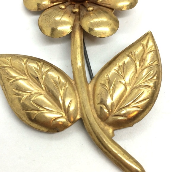 VINTAGE MCM FLOWER BROOCH PIN RED RHINESTONE ART NOUVEAU GOLD TONE MID -CENTURY - Picture 5 of 14
